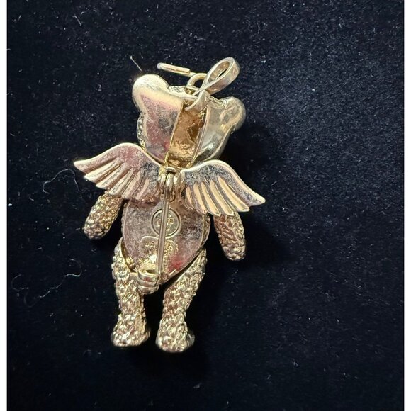Vintage Gold Tone Angel Teddy Bear Pendant With Red Heart & Green Eyes Signed Ba - Picture 2 of 5